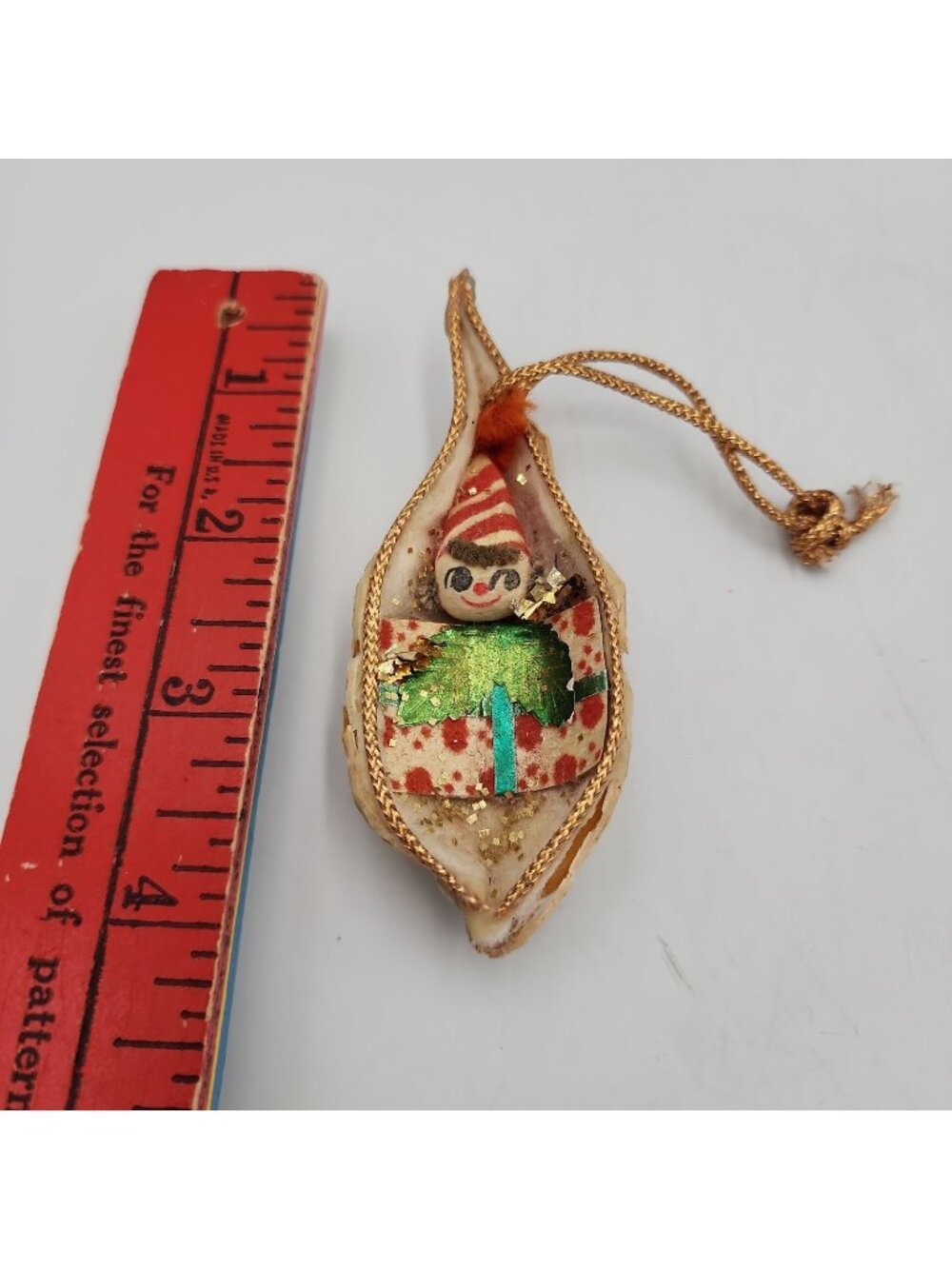 Elf Pixie Diorama Christmas Ornament Vintage Wood Bark Handmade 4"